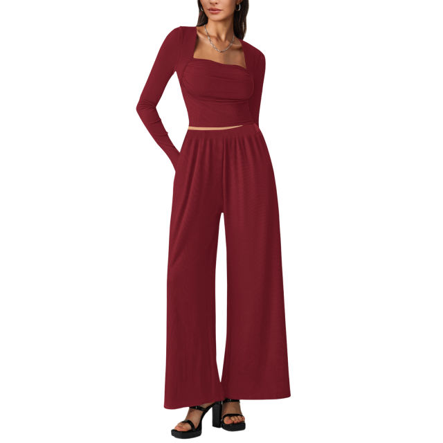 Burgundy Ribbed Square Neck Long Sleeve Top and Wide Leg Pant Set