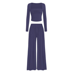 Blue Ribbed Square Neck Long Sleeve Top and Wide Leg Pant Set