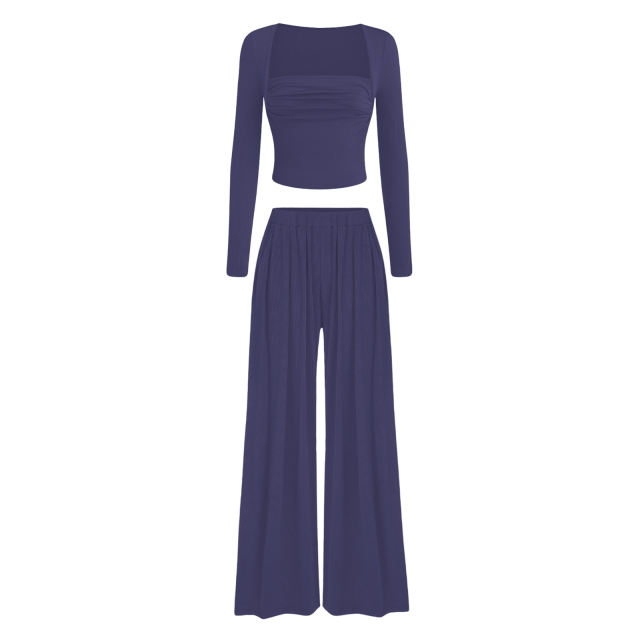Blue Ribbed Square Neck Long Sleeve Top and Wide Leg Pant Set