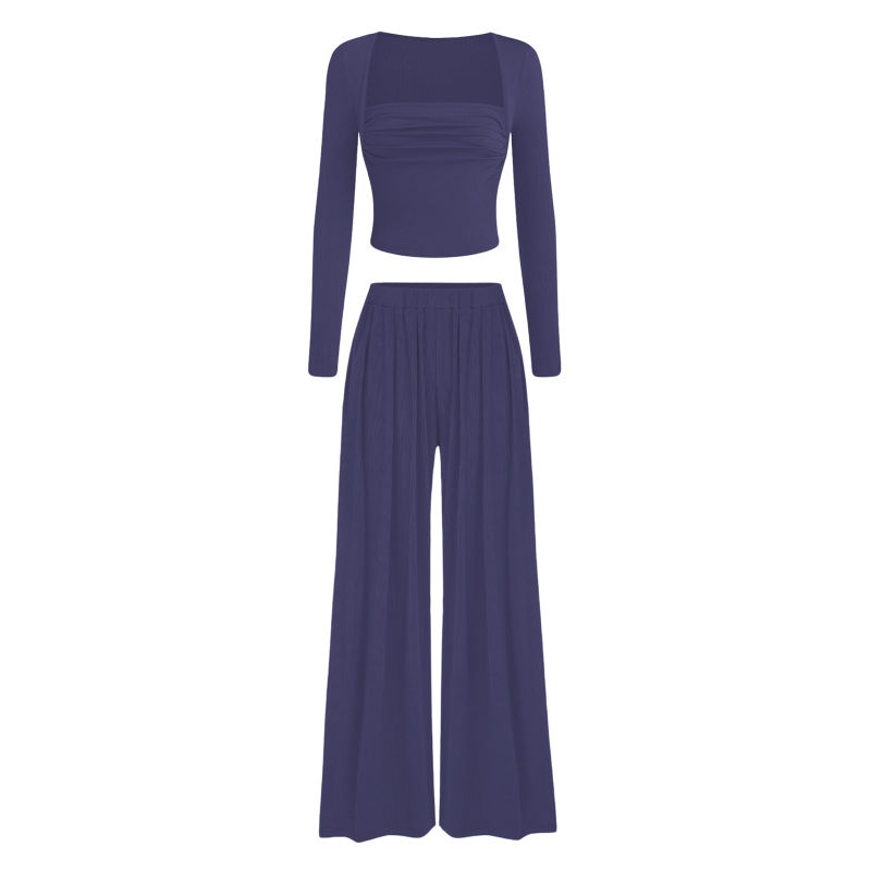 Blue Ribbed Square Neck Long Sleeve Top and Wide Leg Pant Set
