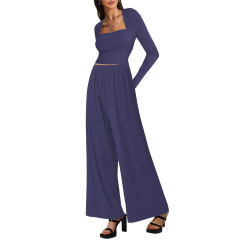 Blue Ribbed Square Neck Long Sleeve Top and Wide Leg Pant Set