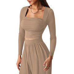 Khaki Ribbed Square Neck Long Sleeve Top and Wide Leg Pant Set