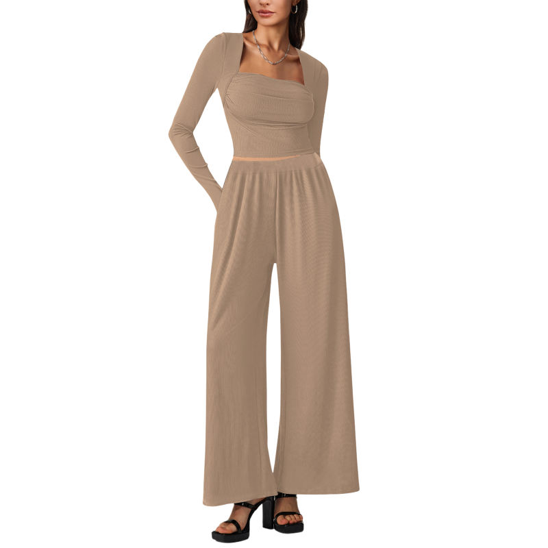 Khaki Ribbed Square Neck Long Sleeve Top and Wide Leg Pant Set