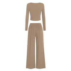 Khaki Ribbed Square Neck Long Sleeve Top and Wide Leg Pant Set