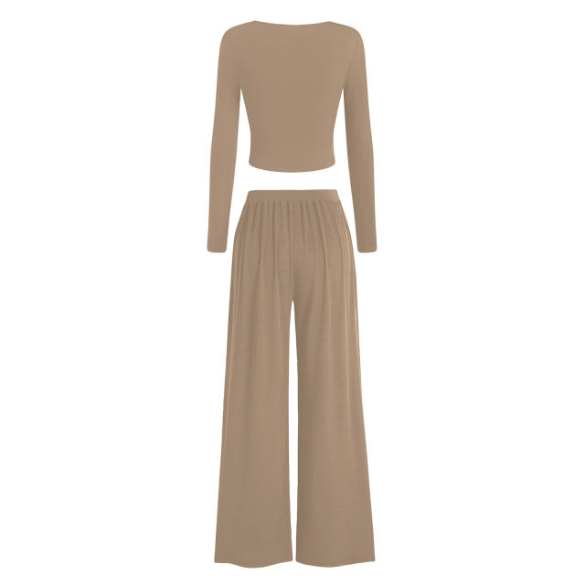 Khaki Ribbed Square Neck Long Sleeve Top and Wide Leg Pant Set