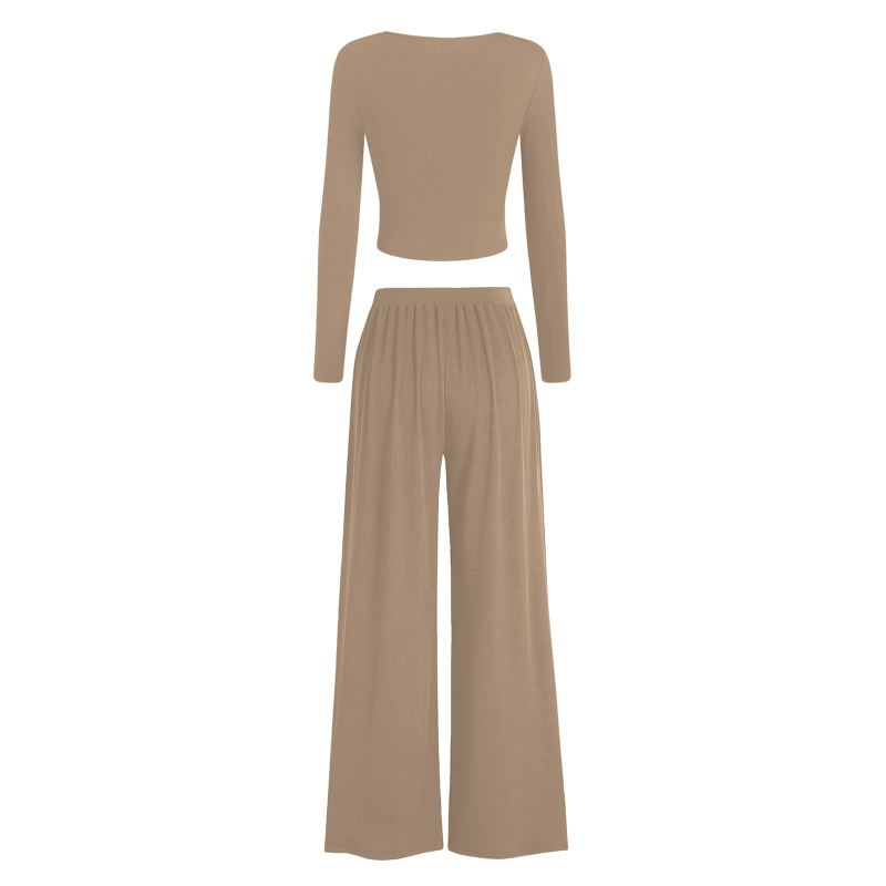 Khaki Ribbed Square Neck Long Sleeve Top and Wide Leg Pant Set