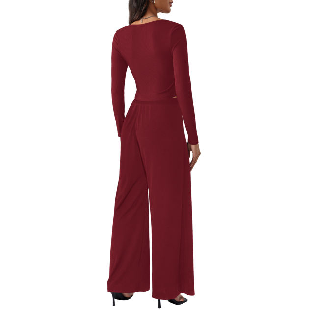 Burgundy Ribbed Square Neck Long Sleeve Top and Wide Leg Pant Set