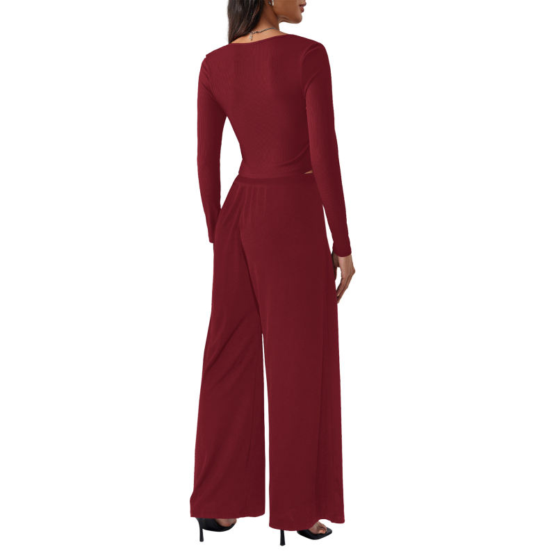 Burgundy Ribbed Square Neck Long Sleeve Top and Wide Leg Pant Set