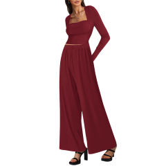 Burgundy Ribbed Square Neck Long Sleeve Top and Wide Leg Pant Set