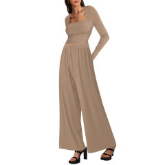 Khaki Ribbed Square Neck Long Sleeve Top and Wide Leg Pant Set