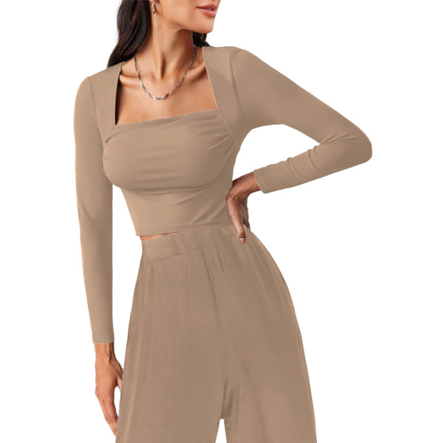 Khaki Ribbed Square Neck Long Sleeve Top and Wide Leg Pant Set