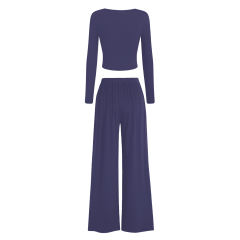 Blue Ribbed Square Neck Long Sleeve Top and Wide Leg Pant Set