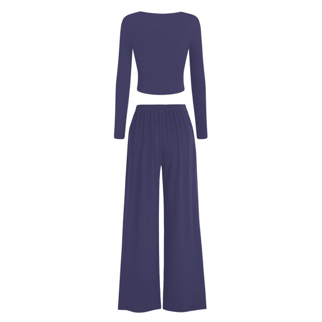 Blue Ribbed Square Neck Long Sleeve Top and Wide Leg Pant Set