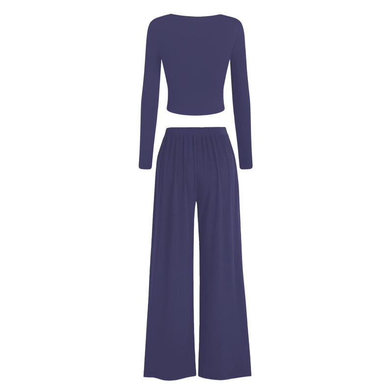 Blue Ribbed Square Neck Long Sleeve Top and Wide Leg Pant Set