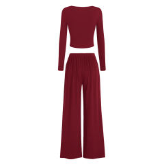 Burgundy Ribbed Square Neck Long Sleeve Top and Wide Leg Pant Set