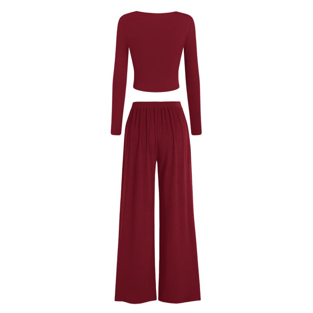 Burgundy Ribbed Square Neck Long Sleeve Top and Wide Leg Pant Set