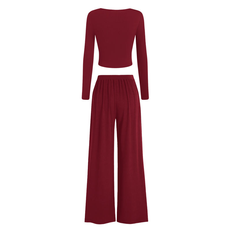 Burgundy Ribbed Square Neck Long Sleeve Top and Wide Leg Pant Set