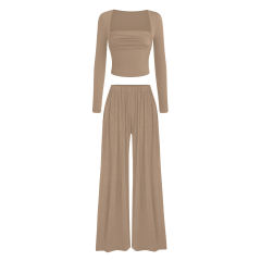 Khaki Ribbed Square Neck Long Sleeve Top and Wide Leg Pant Set