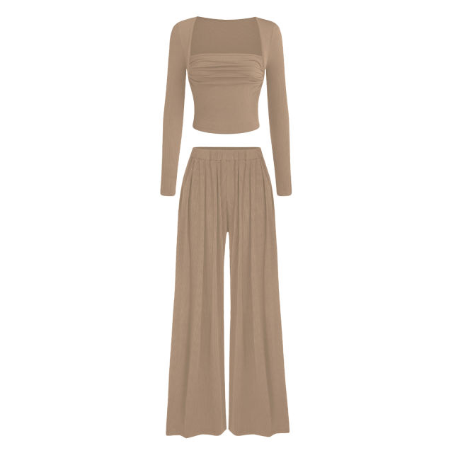 Khaki Ribbed Square Neck Long Sleeve Top and Wide Leg Pant Set