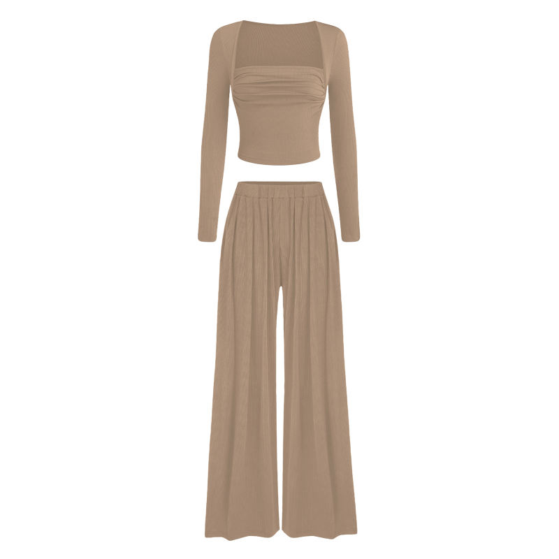 Khaki Ribbed Square Neck Long Sleeve Top and Wide Leg Pant Set