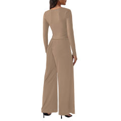 Khaki Ribbed Square Neck Long Sleeve Top and Wide Leg Pant Set
