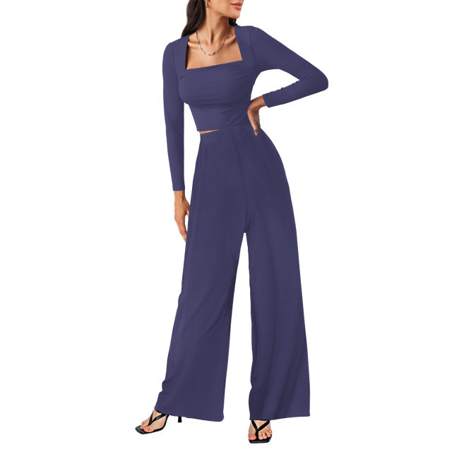 Blue Ribbed Square Neck Long Sleeve Top and Wide Leg Pant Set