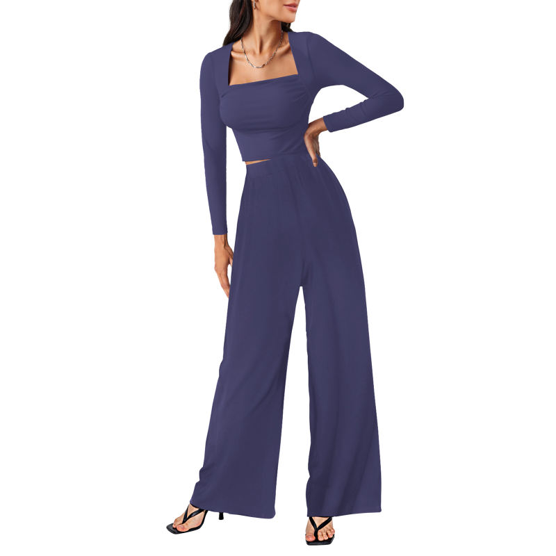 Blue Ribbed Square Neck Long Sleeve Top and Wide Leg Pant Set
