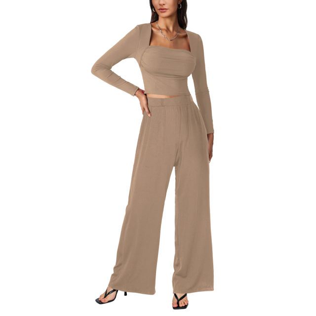 Khaki Ribbed Square Neck Long Sleeve Top and Wide Leg Pant Set