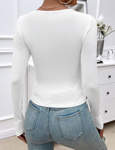 White Ruched V Neck Slim Fit Long Sleeve Top