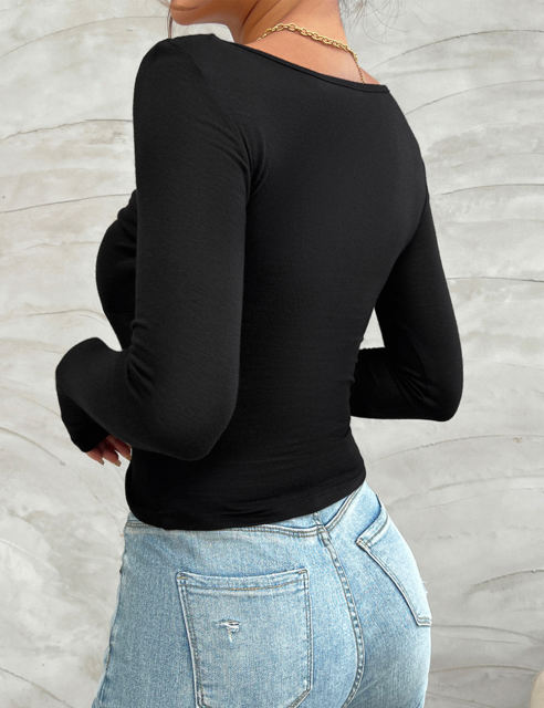 Black Ruched V Neck Slim Fit Long Sleeve Top
