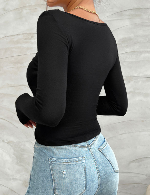 Black Ruched V Neck Slim Fit Long Sleeve Top