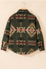 Green Aztec Print Flap Pockets Long Sleeve Shacket