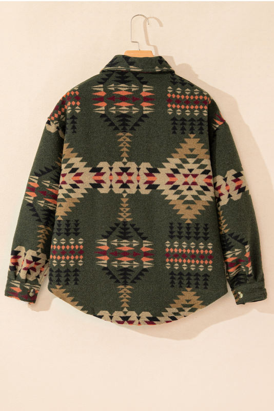 Green Aztec Print Flap Pockets Long Sleeve Shacket