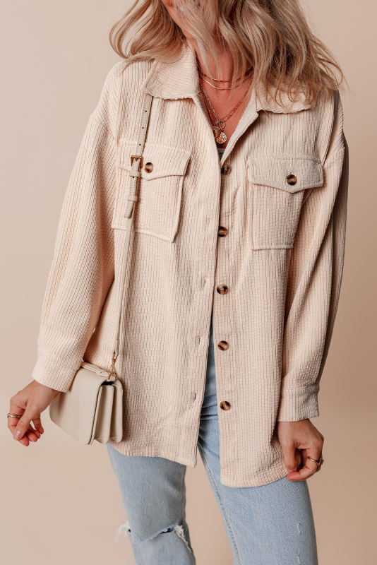 Oatmeal Corduroy Flap Pocket Button Up Shacket