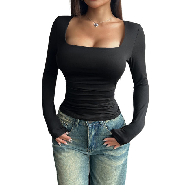 Black Square Neck Slim Fit Long Sleeve Tops