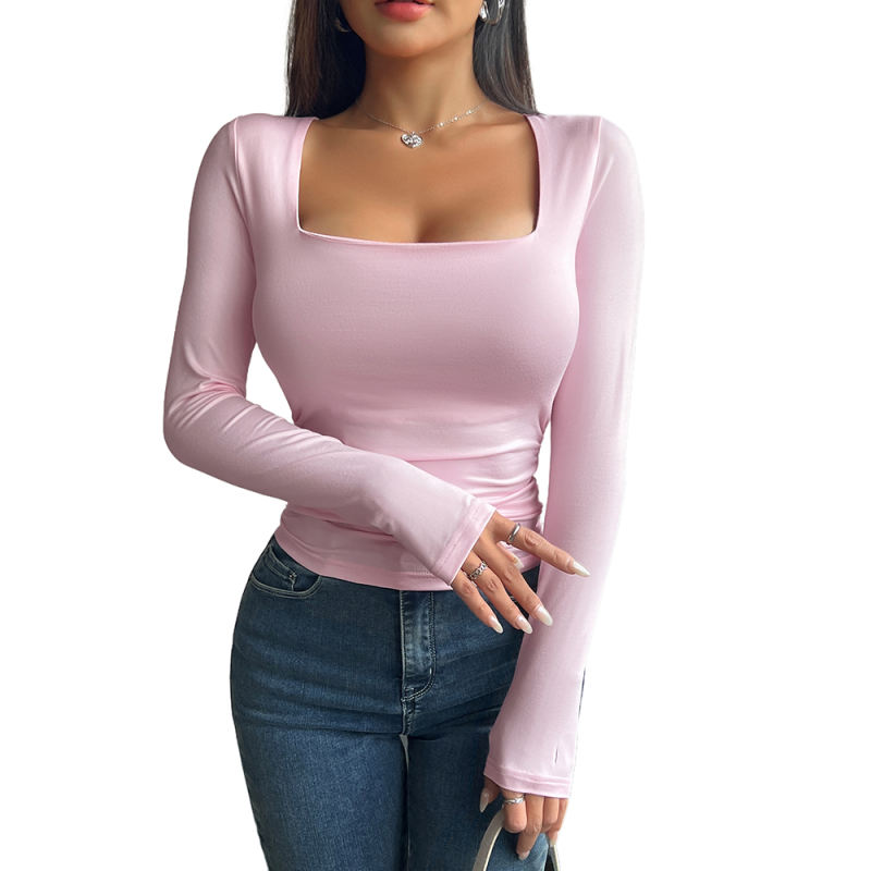 Pink Square Neck Slim Fit Long Sleeve Tops