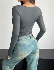 Dark Gray Square Neck Slim Fit Long Sleeve Tops