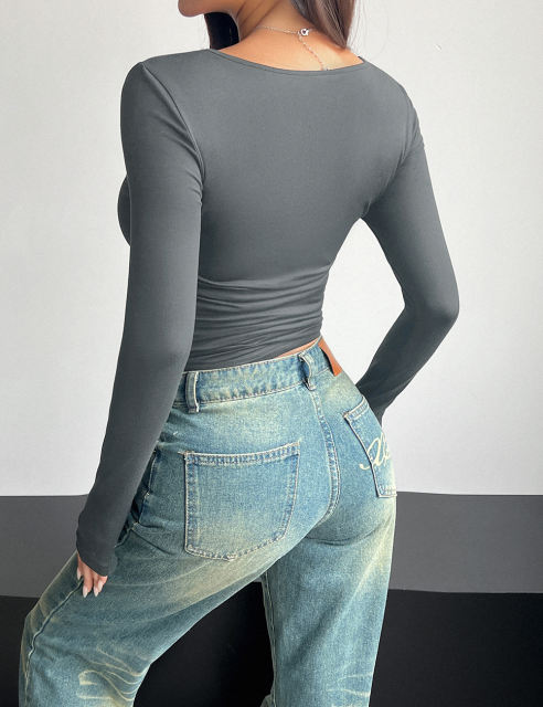 Dark Gray Square Neck Slim Fit Long Sleeve Tops