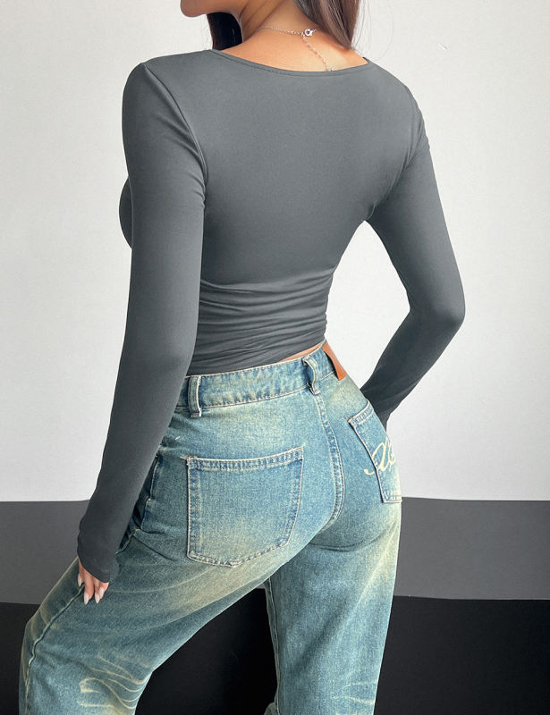 Dark Gray Square Neck Slim Fit Long Sleeve Tops