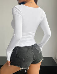 White Square Neck Slim Fit Long Sleeve Tops