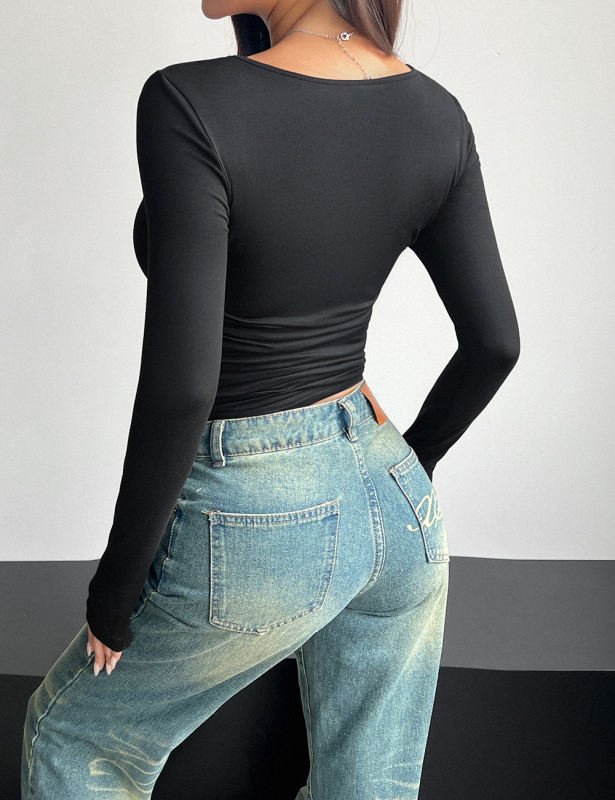 Black Square Neck Slim Fit Long Sleeve Tops
