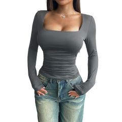 Dark Gray Square Neck Slim Fit Long Sleeve Tops