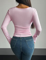 Pink Square Neck Slim Fit Long Sleeve Tops