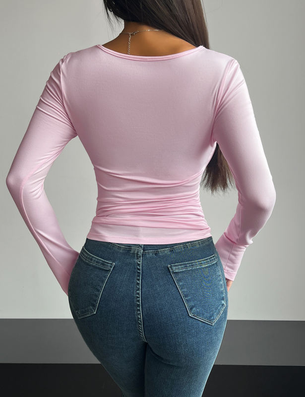 Pink Square Neck Slim Fit Long Sleeve Tops