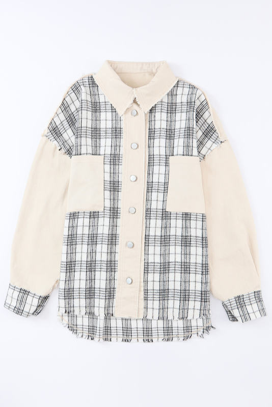Khaki Distressed Raw Edge Plaid Patchwork Denim Jacket