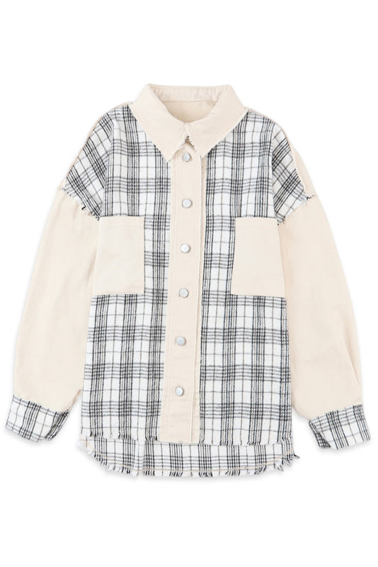 Khaki Distressed Raw Edge Plaid Patchwork Denim Jacket