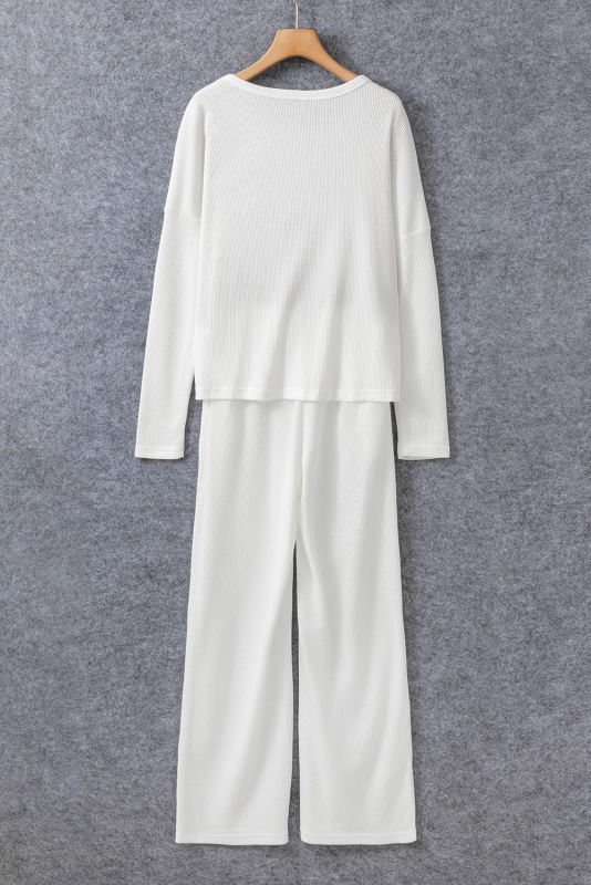 White Textured Long Sleeve T Shirt and Pants Lounge Set