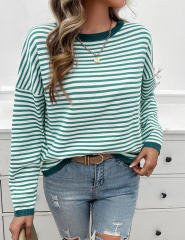 Green Striped Crew Neck Drop Shoulder Sweater