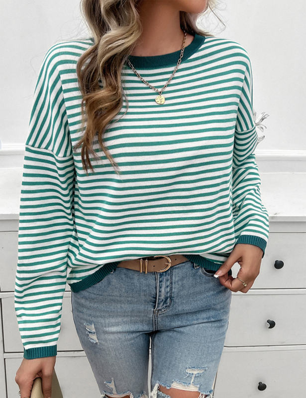 Green Striped Crew Neck Drop Shoulder Sweater