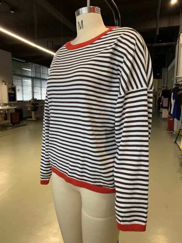 Red Striped Crew Neck Drop Shoulder Sweater